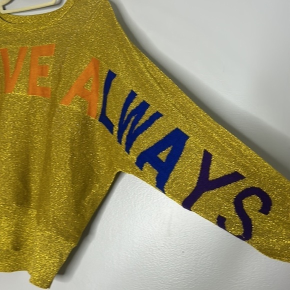 RACHEL ROY Gold Stretch Metallic Ribbed Graphic Long Sleeve Crew Neck Sweater Md - Picture 4 of 9